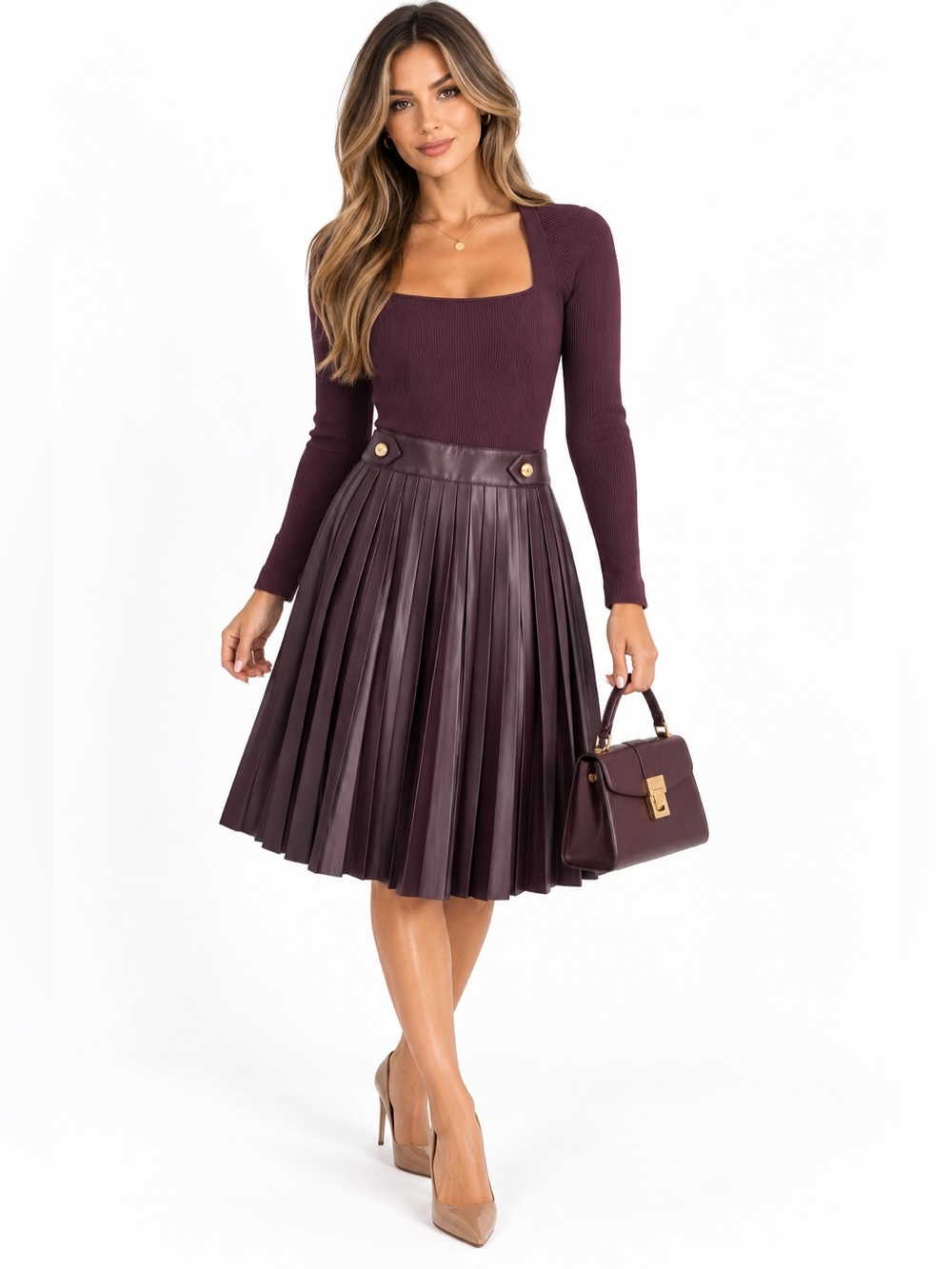 Karen Millen Burgundy Ribbed Knit Faux Leather Pleated Dress Size S